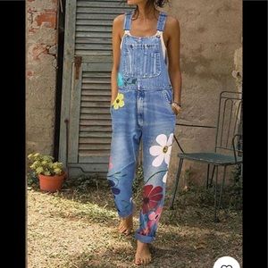 NWOT Wow! Distressed Floral Denim Overall